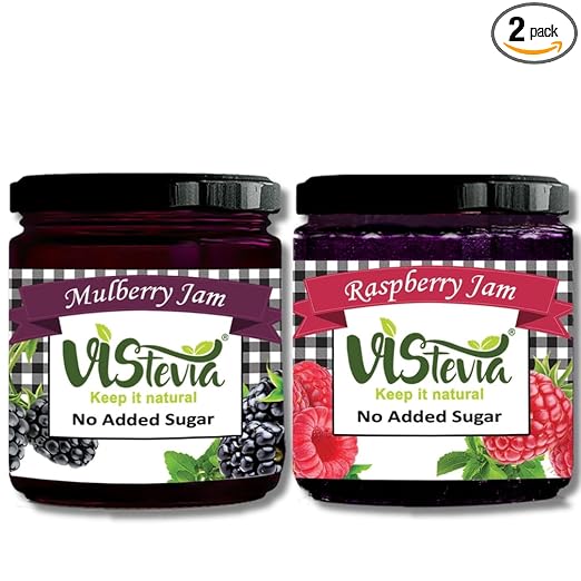 Vistevia Sugar Free Mulberry & Raspberry Jam, Diabetic and Keto Friendly - Sweetened Naturally with Stevia, More Than 60% Whole Berry Content - Tastes Delicious - Pack of 2 (220*2 GM)