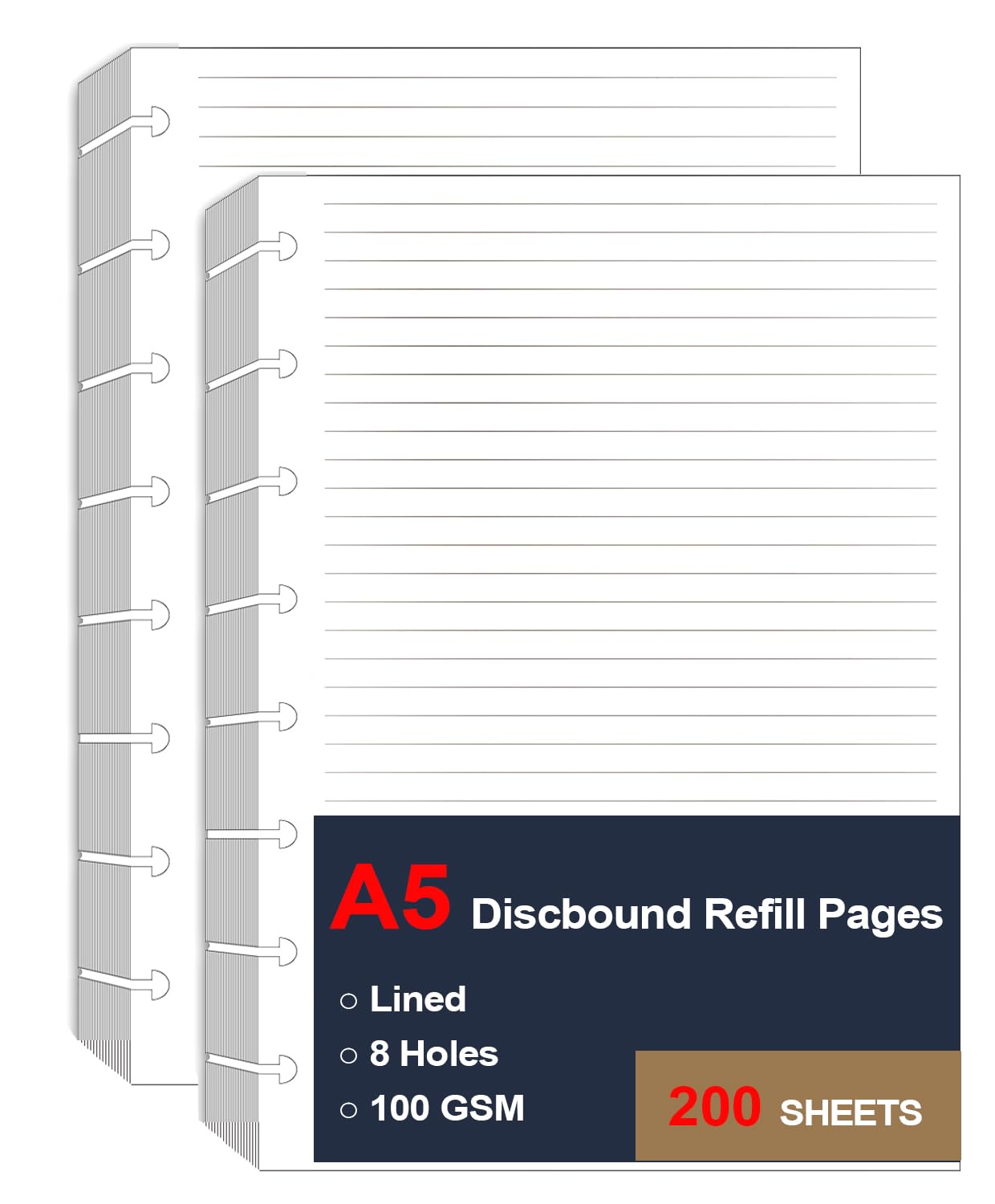 (2 Pack) A5 TUL Discbound Lined Refill Paper, 8 Disc Hole Punched Ruled Filler Paper, Junior Size, 200Sheets / 400Pages, 100gsm, 5.8 X 8.3 In