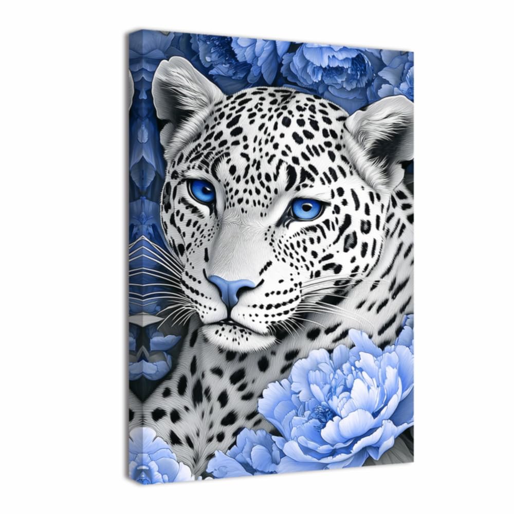 ZQQART Leopard Wall Art Wildlife Canvas Prints Leopard with Flowers Picture Prints Modern Animal Painting for Living Room Decor Framed(Blue,12L x 18W)