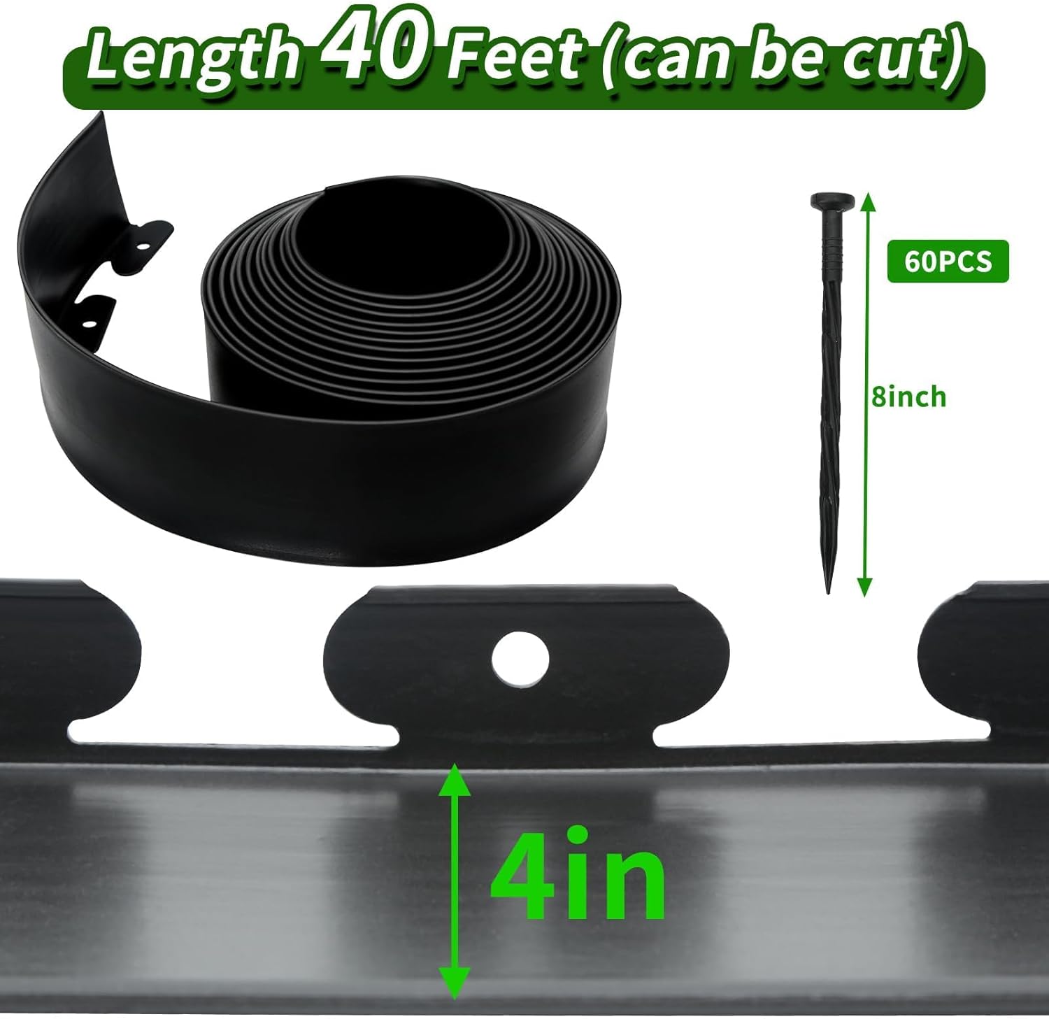 Landscape Edging 4 Inch Tall 40 FT, Garden Edging with 60 Stakes, Garden Border Edging Kit, Plastic Edging Border Flexible for Garden Flower Beds Lawn Paver Pathway Yard (Black)