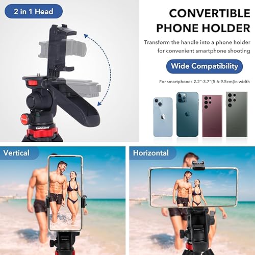 Miniatura 3 de Koolehaoda Trípode de mesa de fibra de carbono con mango de soporte para teléfono, cabeza inclinable y panorámica de 360, trípode de viaje ligero y