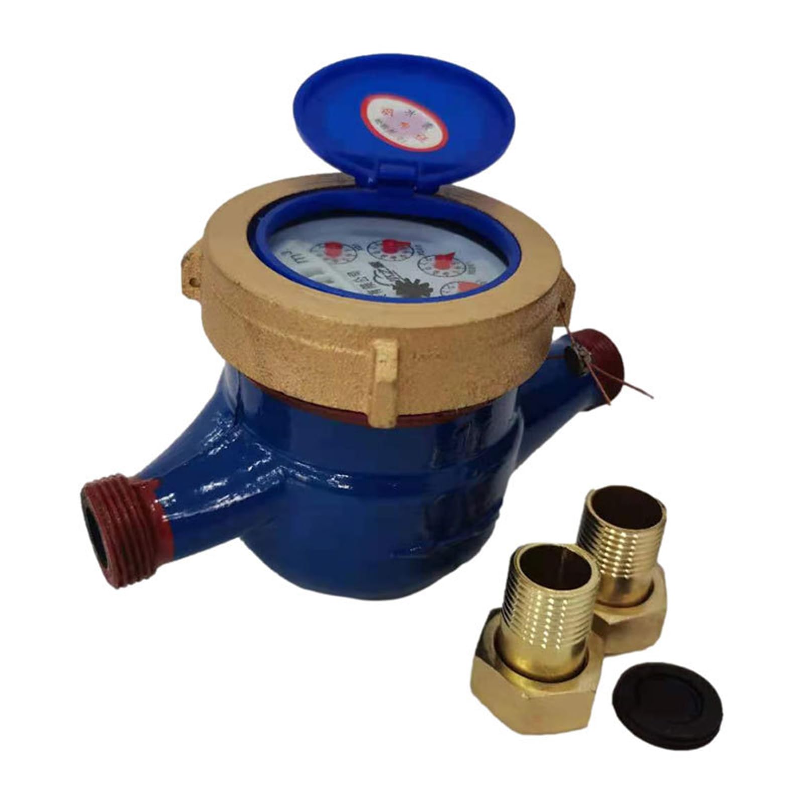Mechanischer Kaltwasserzähler mit Nassregister, Drei-Zeiger-Anzeige, Messingbeschläge und Zählerabdeckung für Sanitär-Drehschieber, Wasser-Nassregister, Gewinde-Kaltanzeige, Messing-Linienleser