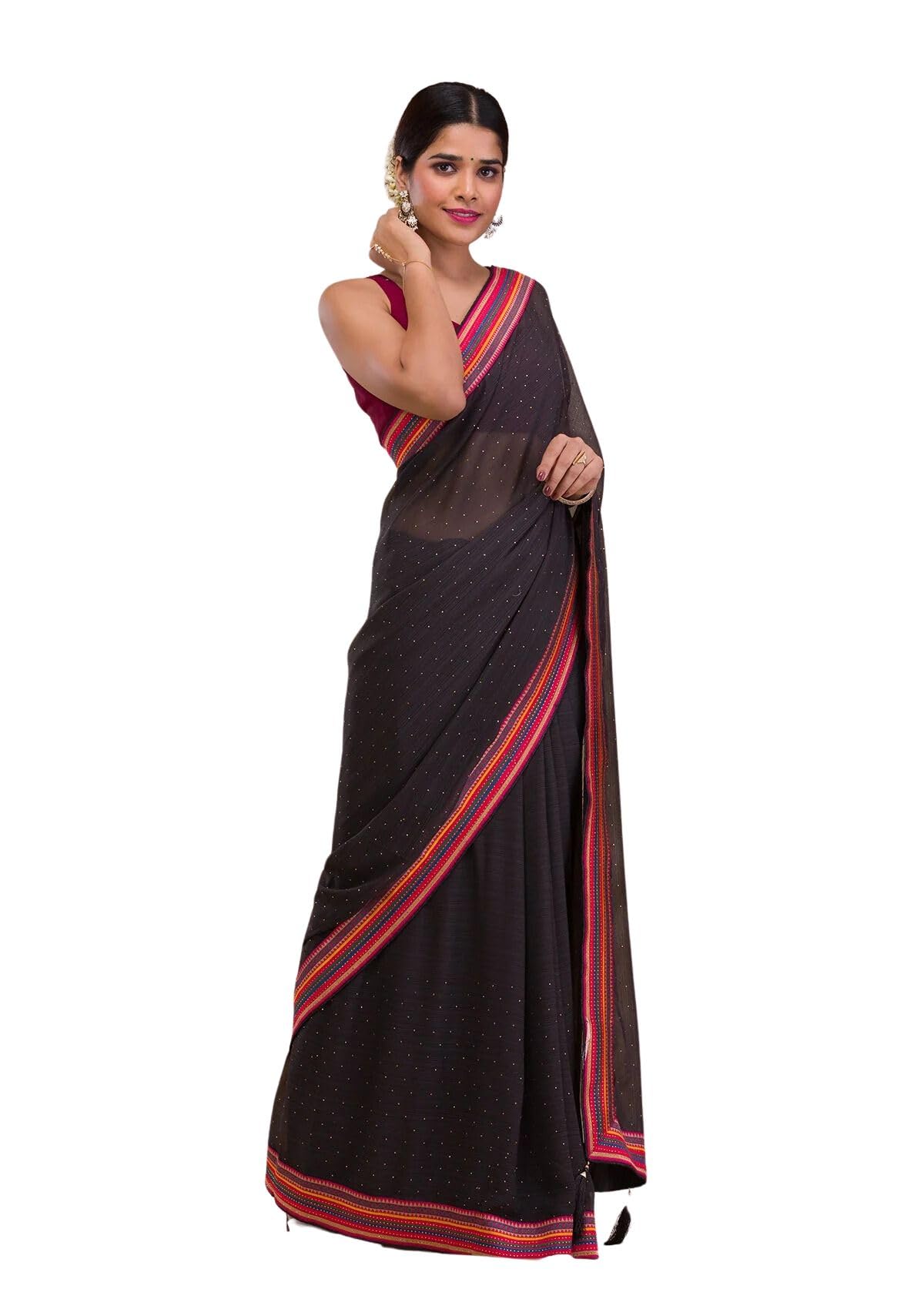 SWADESI STUFF Faux Georgette Saree with Banglory Silk Blouse & Crystal Fix Embellishments - Elegant Indian Ethnic Wear for Women