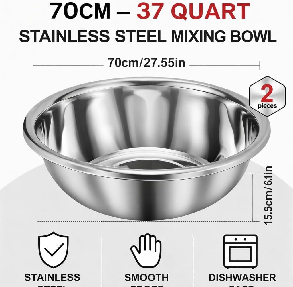 70cm Extra Large Stainless Steel Mixing Bowl, 37 Quart, Heavy Duty, Commercial Grade, Smooth Edge Design, Dishwasher Safe, Restaurant bowl