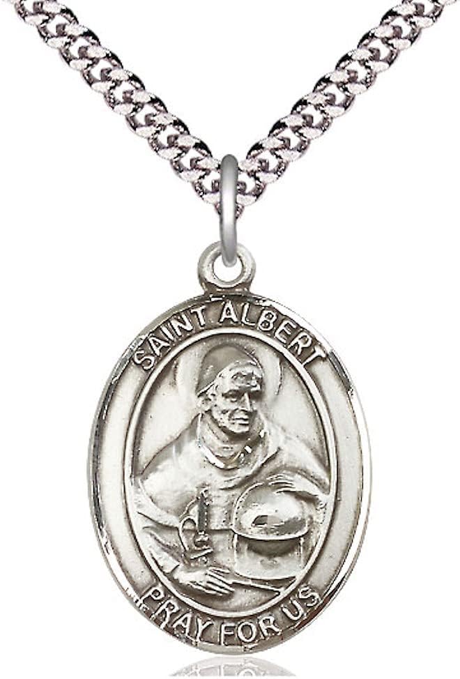 CatholicStore St. Albert the Great Medal in Fine Pewter, 1" Tall on a 24" Light Rhodium Heavy Clasp Chain