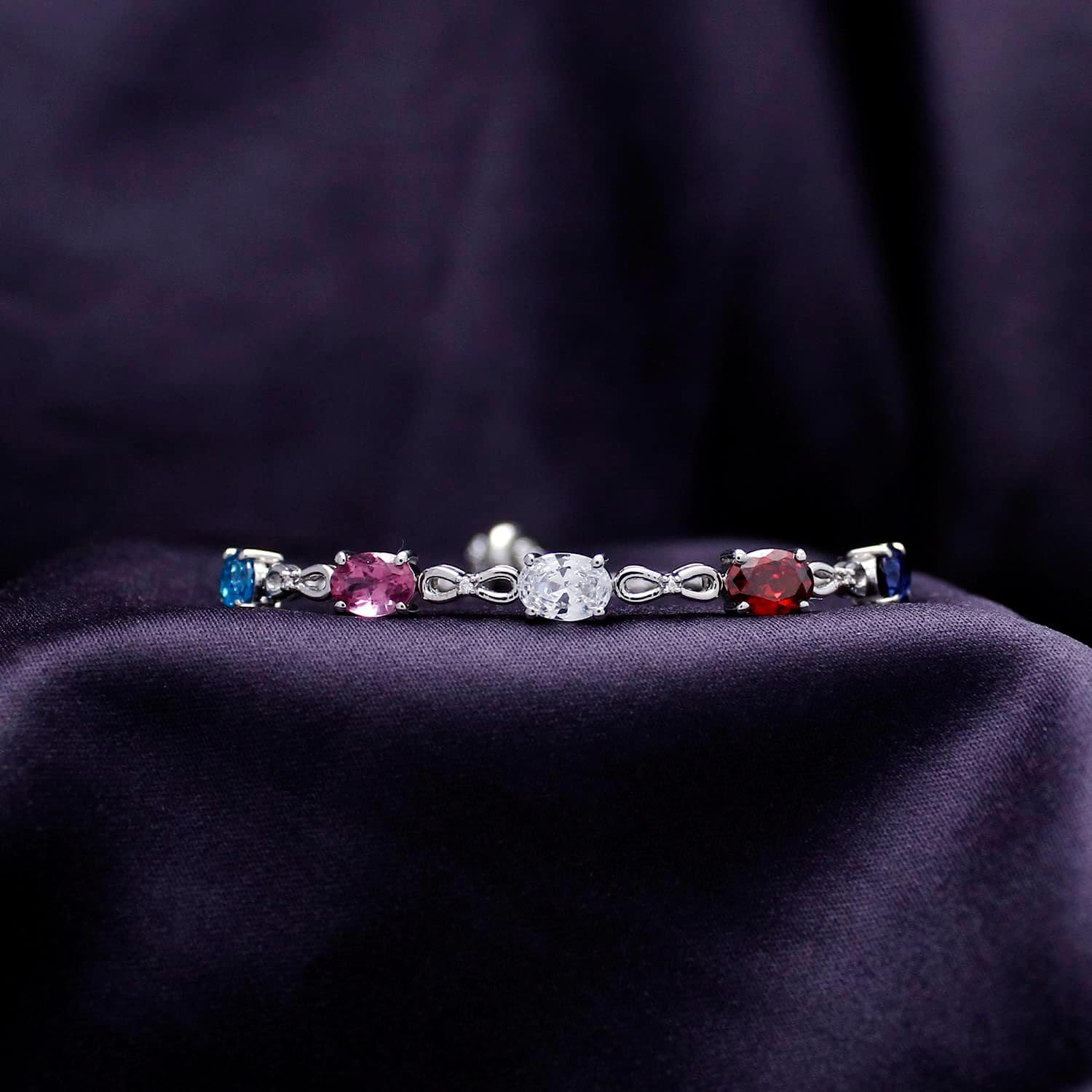SAVEARTH DIAMONDS 925 Sterling Silver 7X5MM Oval Cut Simulated Multi-Color Birthstone & Round White Lab Grown Diamond Tennis Bolo Adjustable Bracelet For Women (5.25Cttw, Adjustable Up to 9 Inches)
