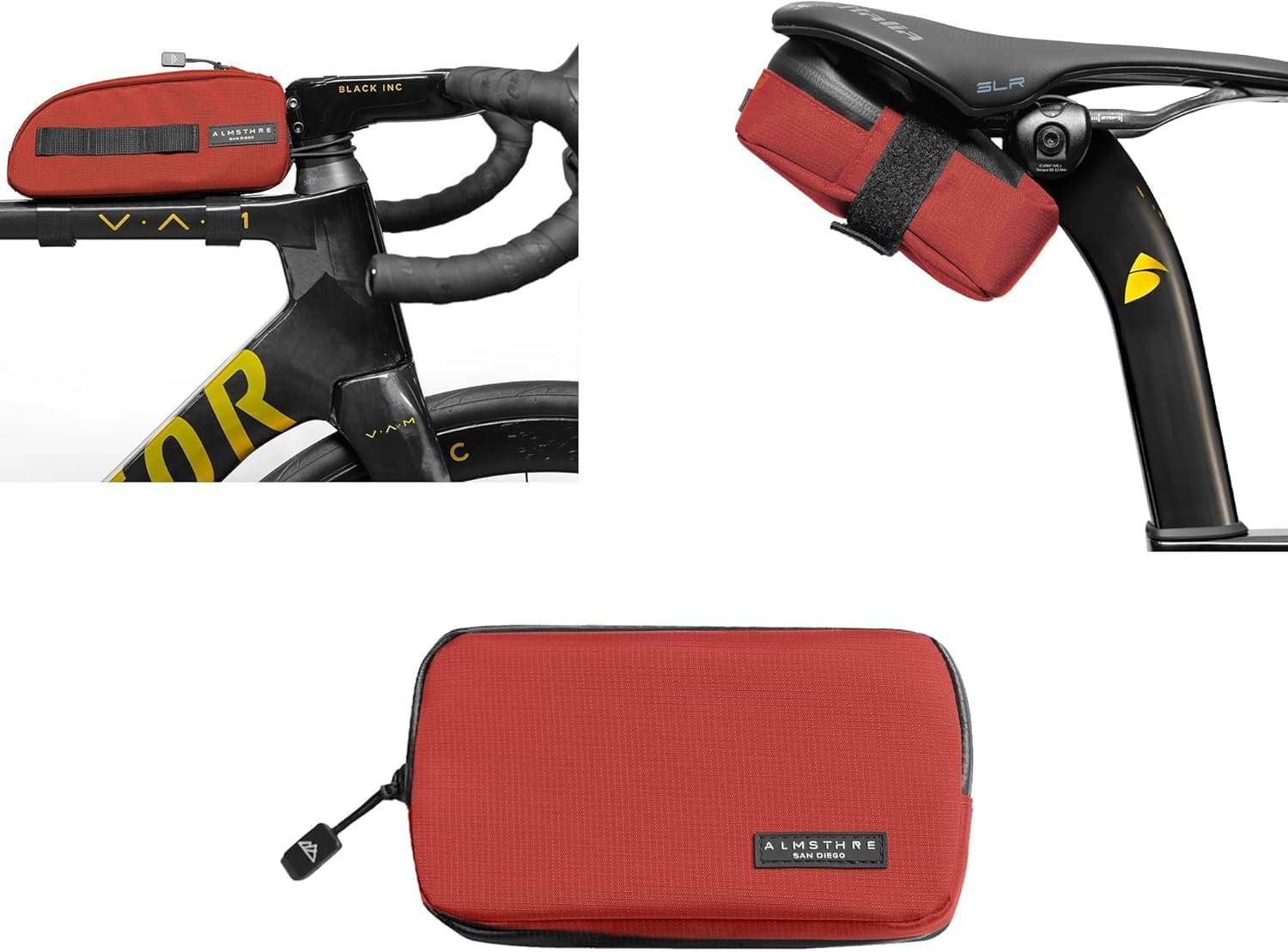 ALMSTHRE Signature Bike Saddle Bag Bundle - Red| Top Tube Bike Bag, Bike Saddle Bag & Ride Wallet Set | Top Tube Bag with Straps, Bolts & Tether Cord | Waterproof Zippers Across All Items