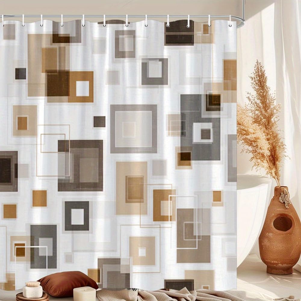 Ixehoh Shower Curtains Modern Abstract Geometric Shower Curtain,Brown And White Minimalist Overlapping Squares Shower Curtain For Bathrooms(90X200cm/35X79in(Wxh)