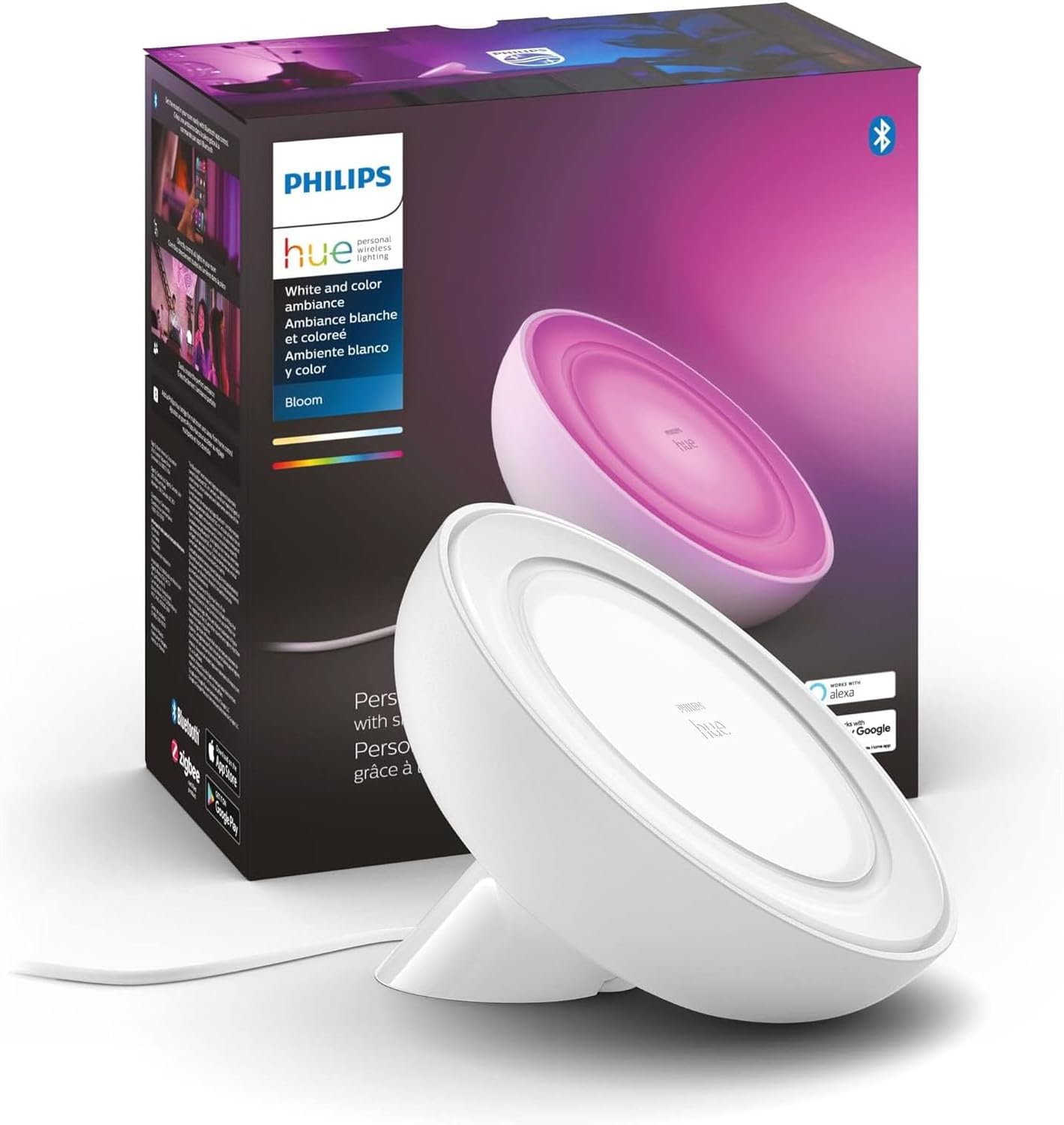 Bloom Smart Table Lamp, White - White and Color Ambiance LED Color-Changing Light - 1 Pack - Control with Hue App - Works with Alexa, Google Assistant, and Apple Homekit