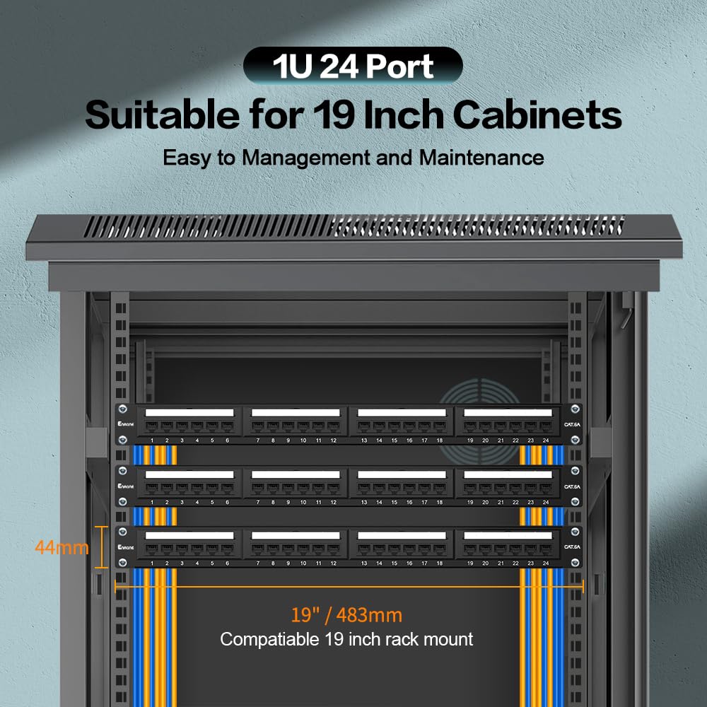 Pannello patch a 24 porte CAT6A Patch Panel Montaggio su rack 19" Ethernet Patch Panel Punch Down per Cat6A, Cat6, Cat5e, Cat5 Cablaggio