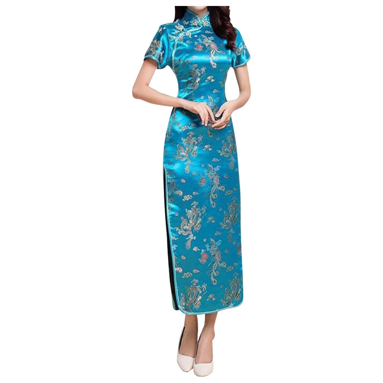 Generisch 2026 Chinois Cheongsam Robe Brodée Manches Courtes Longue Longueur Femmes Traditionnel Qipao
