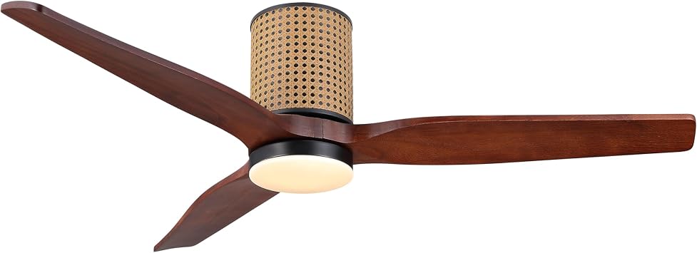LEDLUX 52" Ceiling Fan with Light - Low Profile Flush Mount Ceiling Fan, 6-Speed Remote Control, Solid Wood, Quiet Reversible DC Motor,Walnut/Black Finish, for Bedroom, Living Room, Porch
