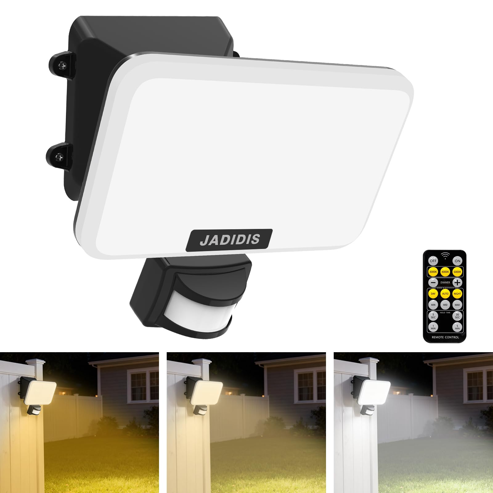JADIDIS Led Strahler mit Bewegungsmelder und Fernbedienung 3600LM, 30W Aussenlampe mit 4 Leuchtmodi, 3 Farbe 132 Leds Außenstrahler, IP65 Wasserdicht, LED Strahler Außen für Garage, Hof, Haustür
