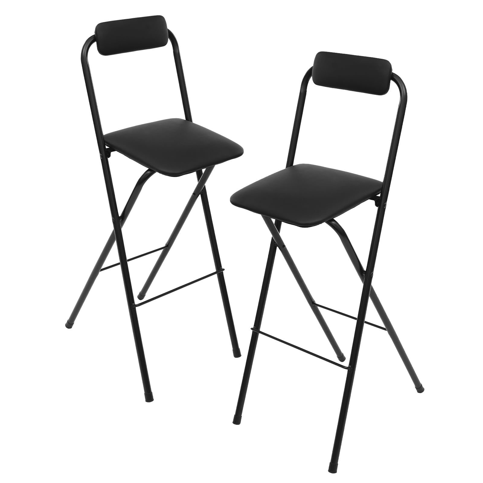 Set di 2 sgabelli da bar pieghevoli, con schienale e poggiapiedi, pieghevole, fino a 125 kg, altezza della seduta: 75 cm, per interni ed esterni, uffici e bar, (nero)