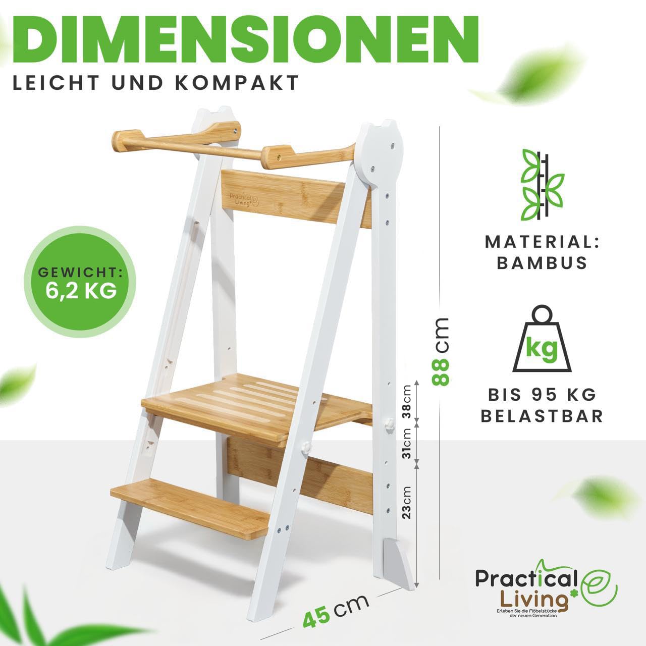 practical living e* Tour d'apprentissage, peu encombrante et réglable en hauteur, en bambou, pour enfants à partir de 1 an (pliable), tabouret d'apprentissage Montessori, tabouret pour enfants