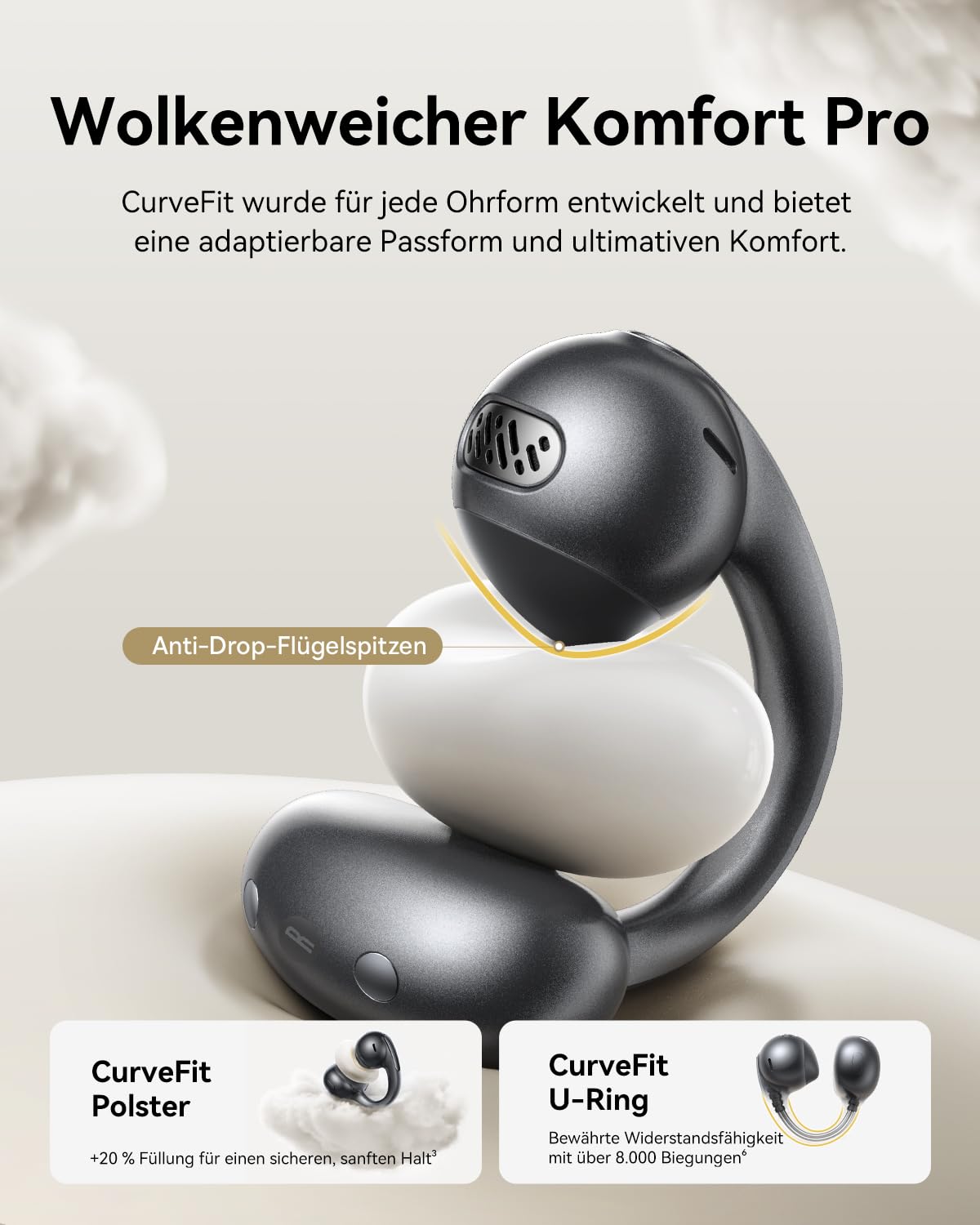 Baseus MC1 Pro Open Ear Kopfhörer, Ohrclip mit Beeindruckender Klang, Adaptiver Bassverstärkung, Bluetooth 6.0, Geräuschunterdrückung bei Anrufen, IP67, 40H Akk, 5,0g Buds - Schwarz