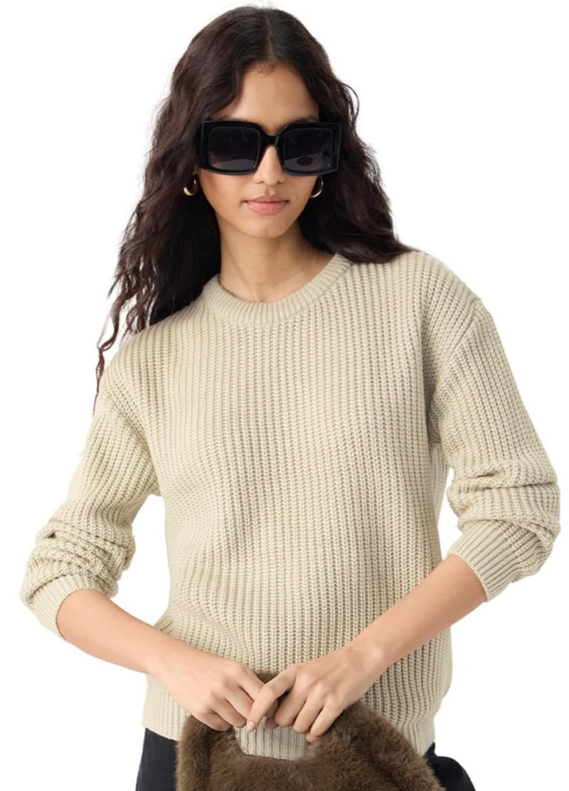 Knitted Sweater: Women and Girls Full Sleeves Round Neck Ribbed Knitted Acrylic Oversized Fit Lightweight Casual Sweater-image-8