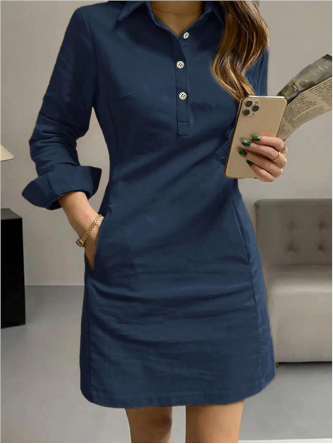 Women's Elegant Long Sleeve Mini Dress Fall Button Front Collared Work Office Dresses with Pockets - Image 2