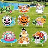 SiliFine 9 Pcs Summer Halloween Yard Decor Signs with Stakes Outdoor Plastic Lawn Decorations, Skeleton Ghost Pumpkin Beach Sand Themed for Summer Halloween Party Garden Decorations