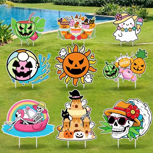 SiliFine 9 Pcs Summer Halloween Yard Decor Signs with Stakes Outdoor Plastic Lawn Decorations Skeleton Ghost Pumpkin Beach Sand Themed for Summer Halloween Party Garden Decorations