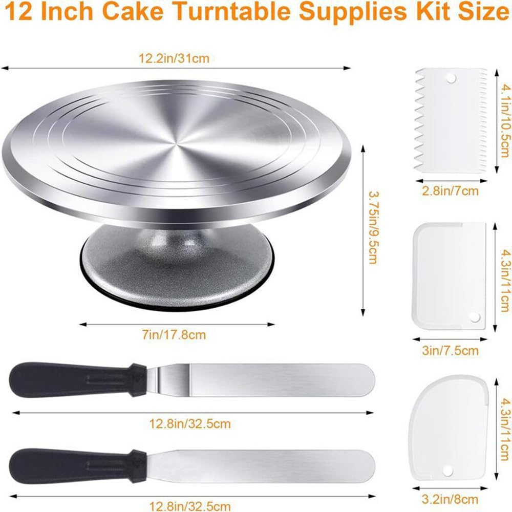 Ensemble De Plateau Tournant à GâTeaux En Aluminium De 12 Pouces Avec Base AntidéRapante Et Rotation Fluide à 360° — Support Professionnel Pour La DéCoration De GâTeaux D'Anniversaire 22-PcSet