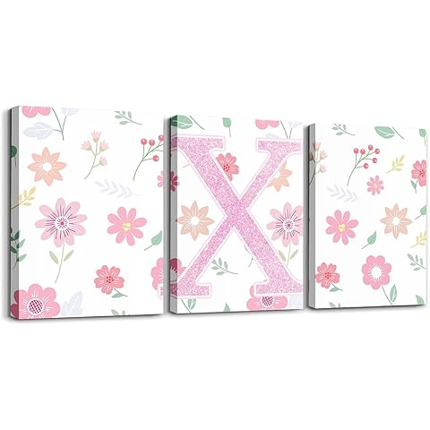 Feelyou Cute Flower 3 Piece Canvas Wall Art for Living Room Bedroom Individual letters X Wall Art for Home Decor Nature Plants Office Decor Artwork Pink Green Picture Posters