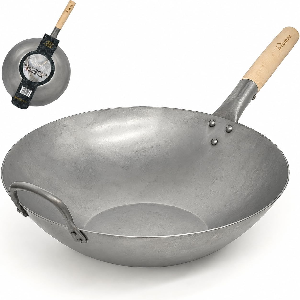Homira Wok 36 cm handgehämmert aus Karbonstahl mit flachem Boden und Holzgriff – traditionelle PFAS-freie Wokpfanne für alle Herdarten, Gas, Grill & Outdoor (Flacher Boden)