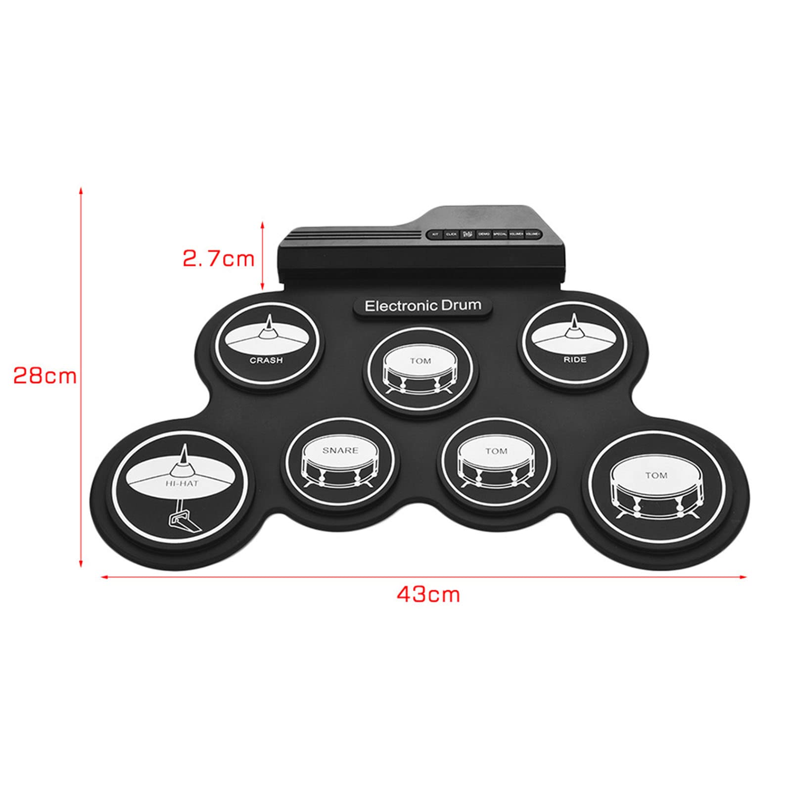 Batería Electrónica 7 Pads 5 Afinaciones 8 Canciones de Demostración 3 Ritmos Portátil USB Roll Up Drum Practice Pad