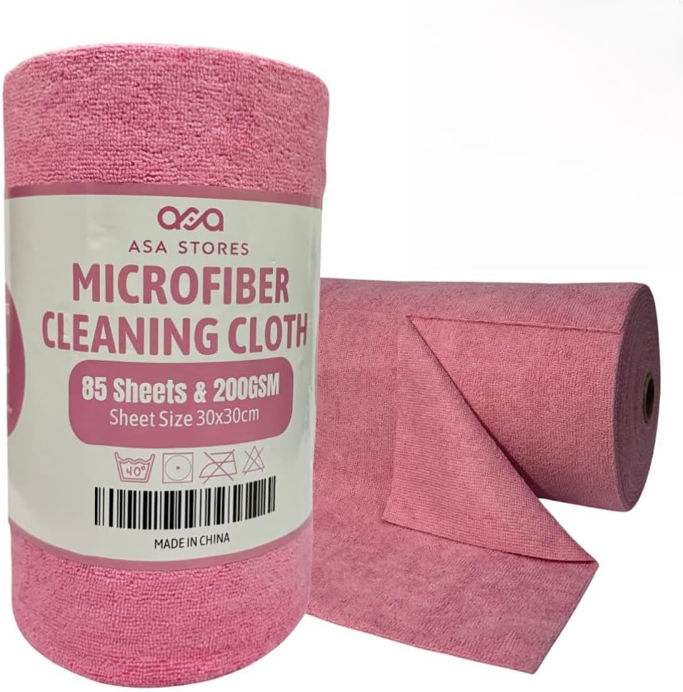 ASA Stores Microfiber Cleaning Cloth Roll – 85 Sheets, 200 GSM Reusable Paper Towels Roll, Absorbent Microfiber Towel Roll for Kitchen, Dishes & Home Cleaning – Pink