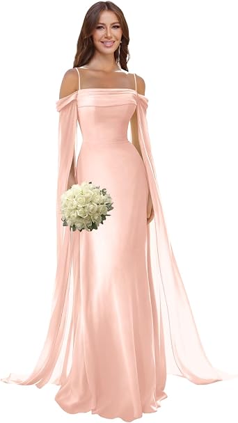 Tianzhihe Cold Shoulder Bridesmaid Dresses for Women Chiffon Formal Wedding Guest Maxi Dress with Cape