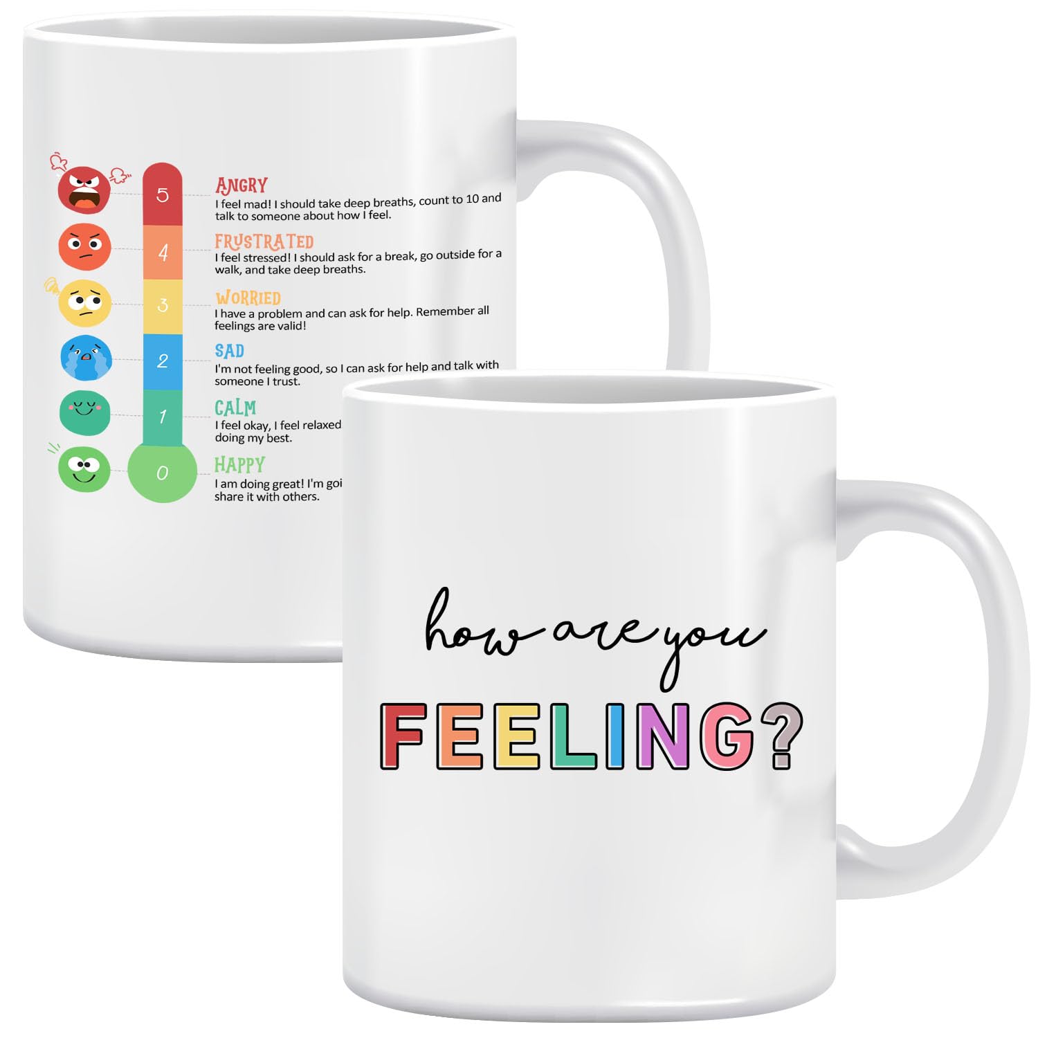 LNOKRIM Taza de café con texto en inglés "How Are You Feeling", taza de café con tabla de sentimientos de estado de ánimo, regalo para amigos, profesores, terapeutas, consejeros, taza de café de