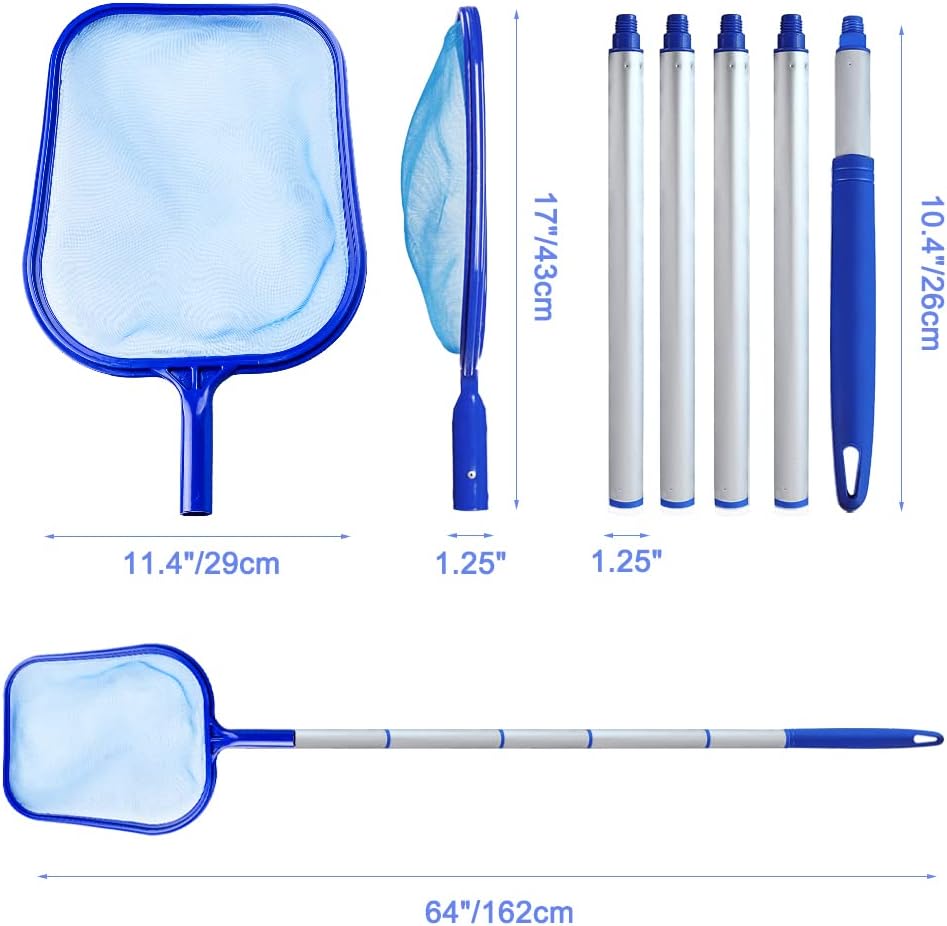 Pool Skimmer Net, Swimming Pool Leaf Skimmers Net with Pole - Detachable Extendable Fine Mesh Cleaning Tools, Removing Leaves for Inflatable Pool Hot Tubs Fish Pond Fountains( Longest with Pole 64" )