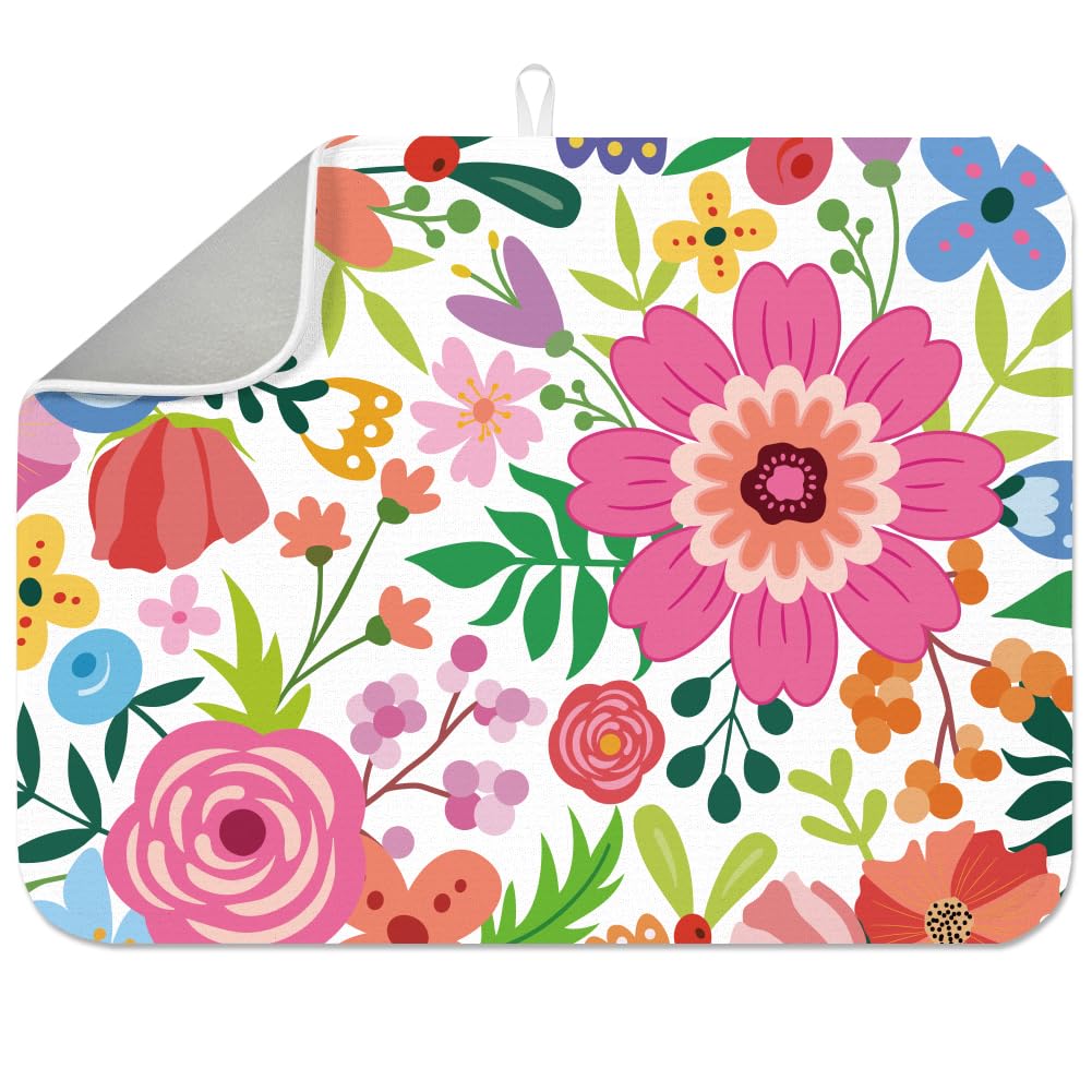 INFUNLY Watercolor Flower Dish Drying Mat 17.7x23.6 Inch Colorful Bloom Dish Drying Mat Spring Flower Placemats Garden Microfiber Absorbent Pad for Table Countertop Sink Coffee Bar