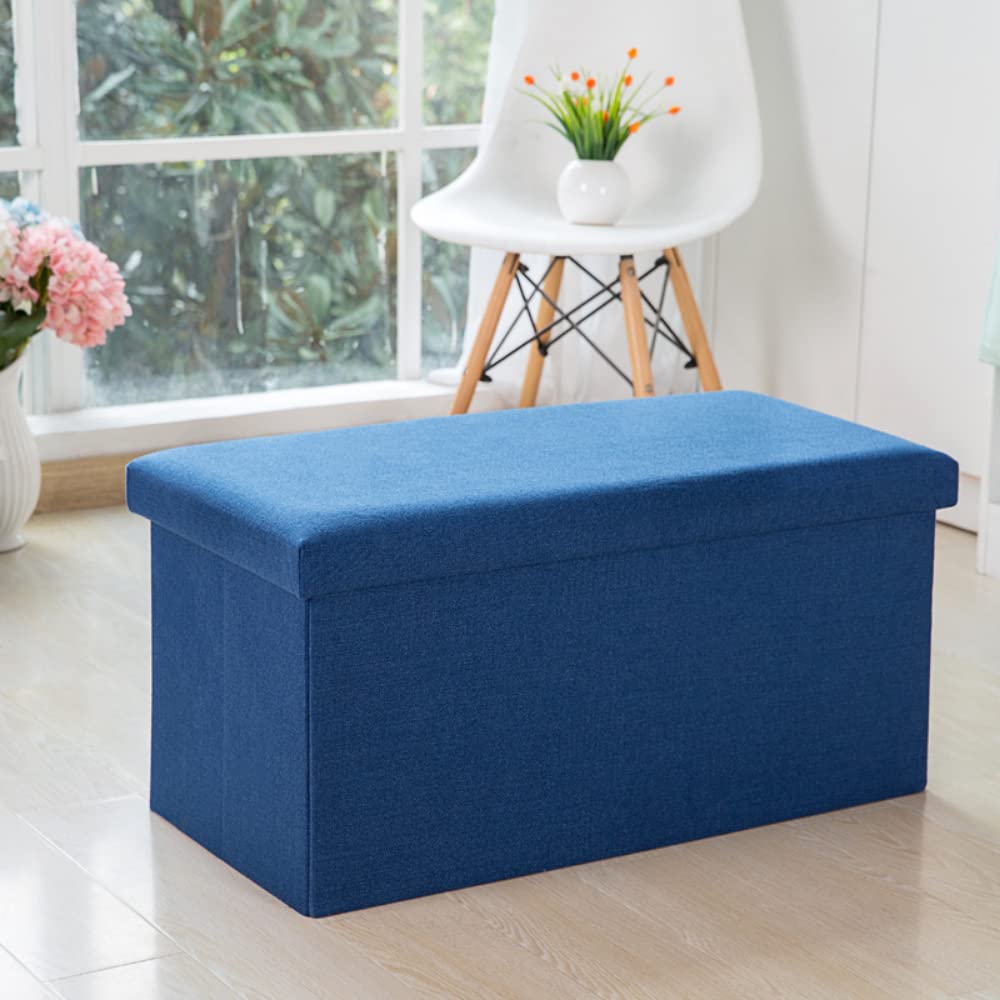 Mofish Foldable Storage Ottoman Bench, Footrest Shoe Bench with 80L Storage Space, Padded Seat for Dorm Living Room, Support 120KG, Line Fabric (78 * 38 * 38 CM,Dark blue)