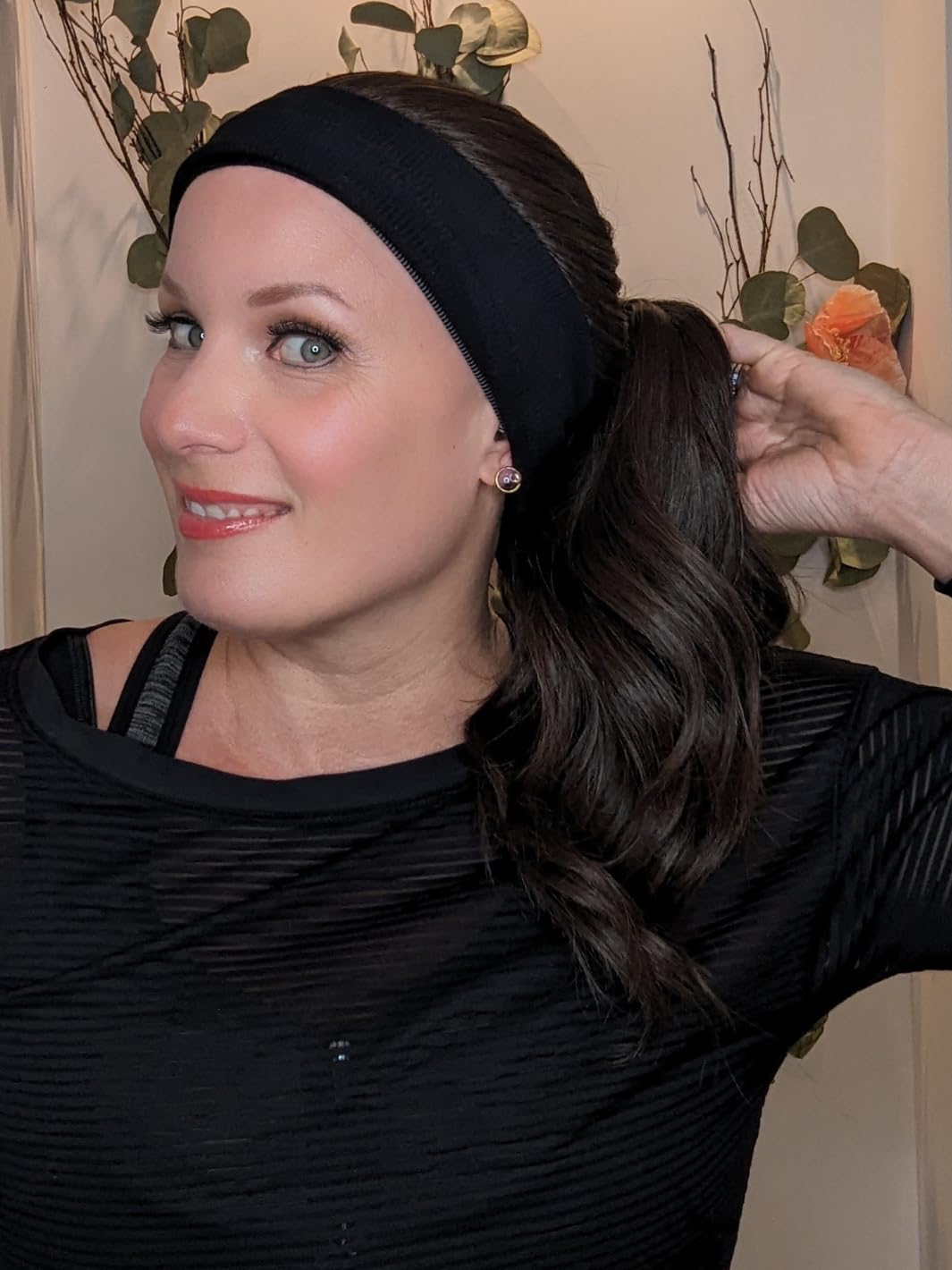 Headband Wigs for White Women Fully Hand Tied, Easy Ponytail Wig, Swim & Sport Wig for Active Lifestyles, Low to Medium Density, Heat Friendly Synthetic (Dark Brown, Average | 20.55"-22" Inches)