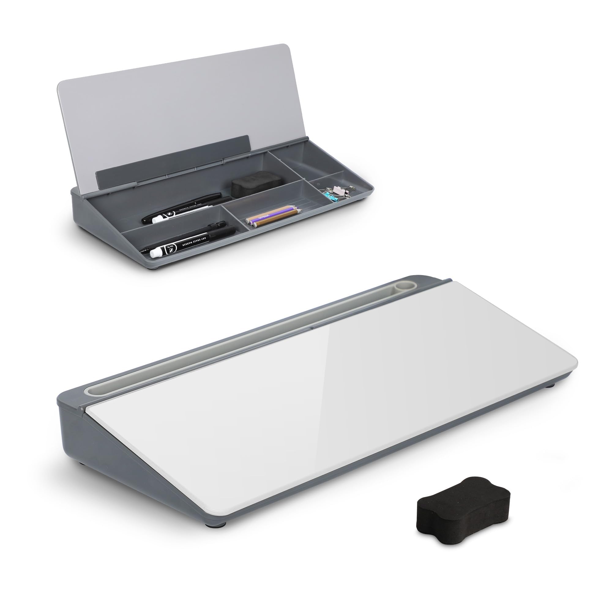 ORIENTOOLS Small Glass Desktop Whiteboard, Desk Whiteboard, to-do List Memo Desk Dry Erase Board with Storage, Computer Pad & Keyboard Stand, Desk Organizers with Accessories for Office, Home, School