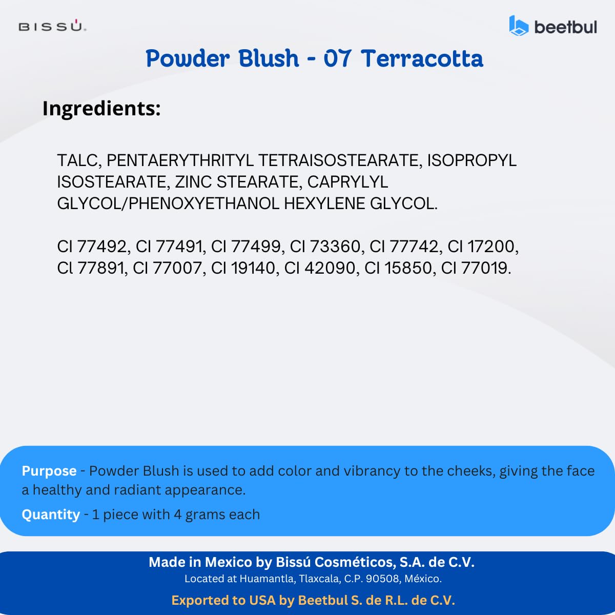 Bissú Blush 4g c/u, Intense Pigmentation, Soft Texture, Matte and Satin Finishes (07 Terracota)