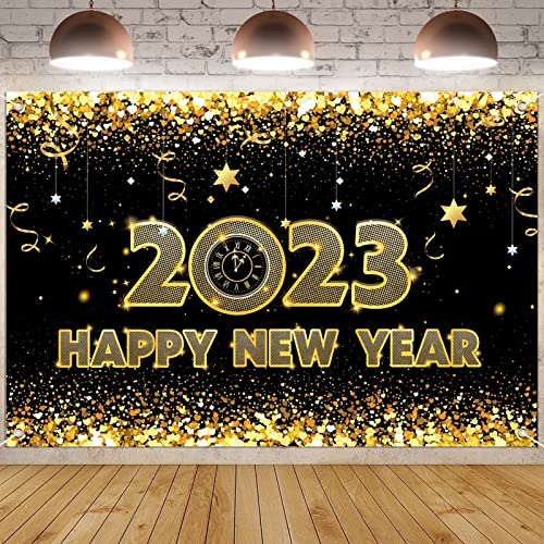 Silvester Deko 2023 Neujahrs Banner,Happy New Year Banner,2023 Neujahrs Hintergrund Banner Schwarzgold,Silvester Deko 2023 Party Set,180x110cm