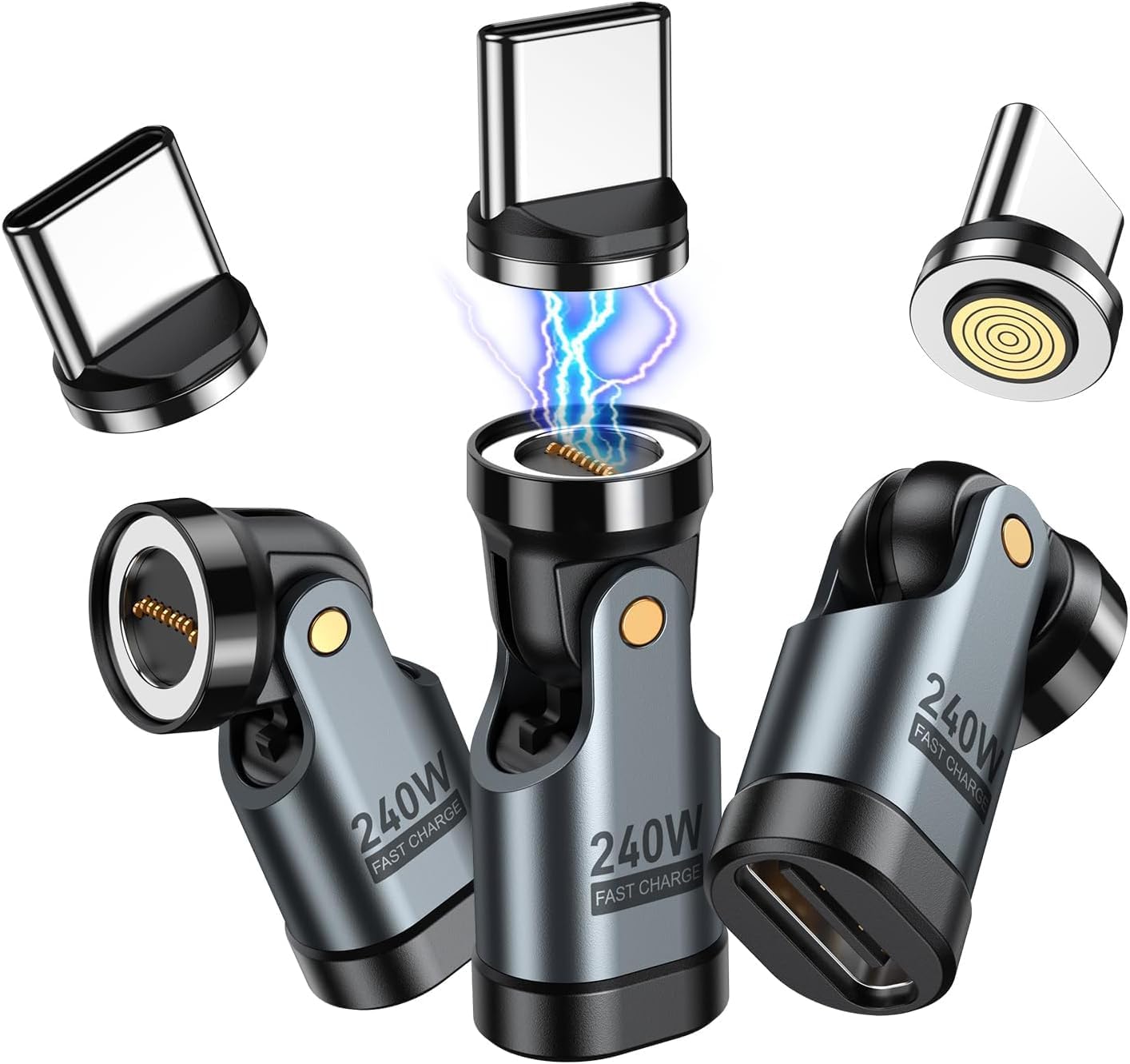 Product image of VAFOTON 240W USB C Magnet Adapter, 9-Pin Magnetischer Adapter, 540° Drehung Typ C Magnetisch Adapters, Unterstützt PD 240W 5A Quick Charge, Data Transfer, Für MacBook/USB-C Laptop (Schwarz, 3 Pack)