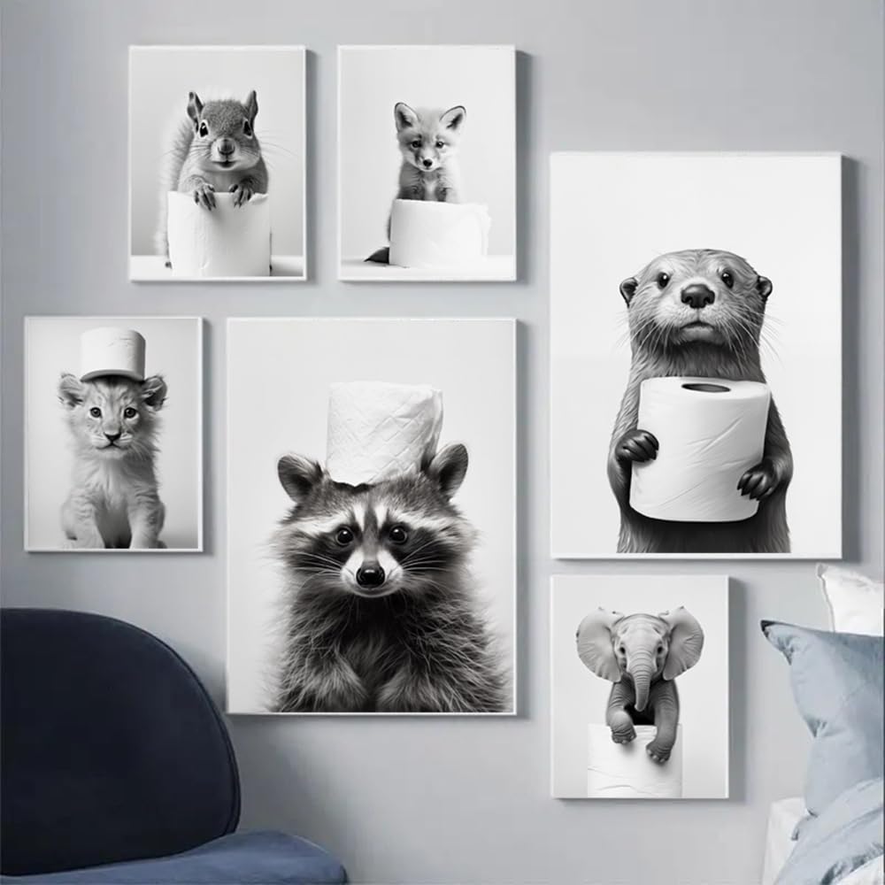 Affiche Murale Noir et Blanc Humour Animaux 40x50 Poster WC Deco Salle de Bain Toilette Humoristique