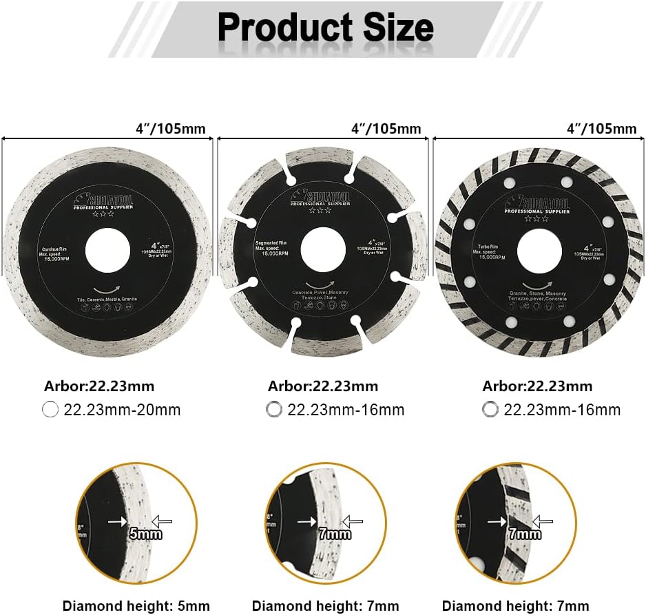 SHDIATOOL 4 Inch Diamond Saw Blades Cutting Disc Kit for Porcelain Tile Segmented Cutter Wheel 7/8" or 5/8" Arbor 3 Piece