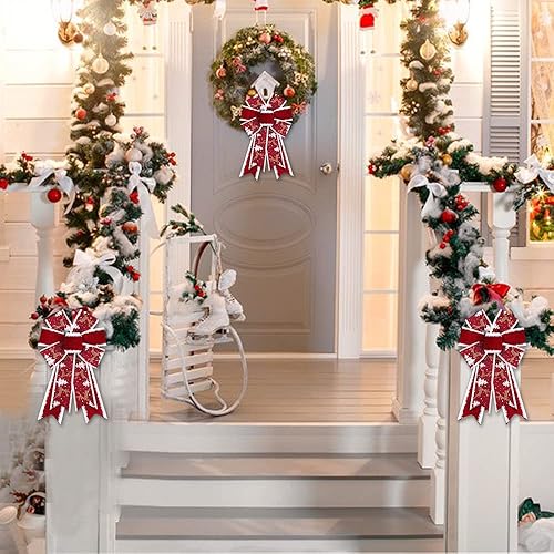 Miniatura 6 de Threetols 2 lazos de corona de Navidad, lazos de terciopelo rojo para corona, lazos rústicos de granja para puerta delantera, lazos rojos de