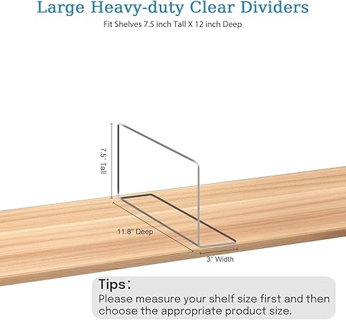 Vista 3 de OKPOW Organizador de armario divisores de estantes, 7.5 pulgadas de alto x 11.8 pulgadas de profundidad, acrílico transparente, resistente, separado