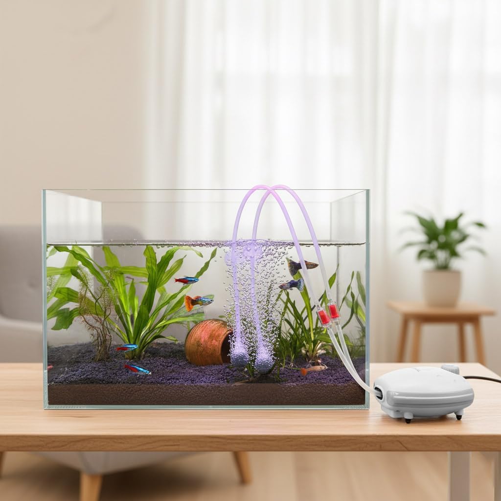 FEDOUR 80GPH Aquarium Air Pump placed next to an aquarium