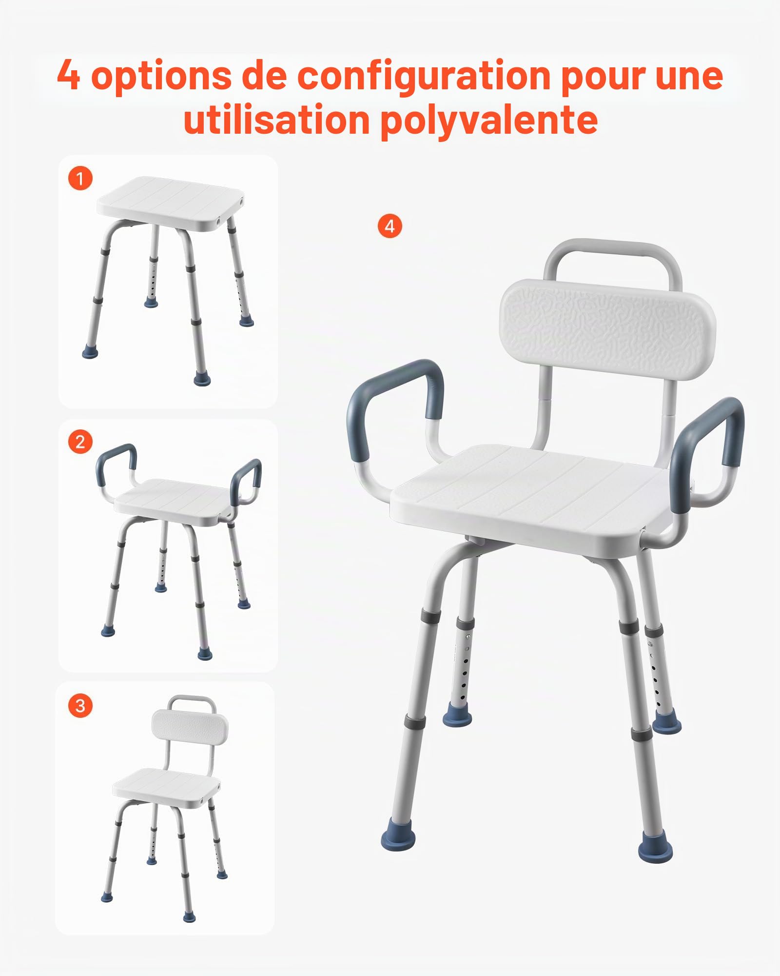 VEVOR Chaise de Baignoire Pivotante à 360°, Banc de Transfert Baignoire avec Dossier et Accoudoirs, Capacité 180 kg, Siège de Douche pour Adultes, Personnes Âgées et Handicapés, Hauteur Réglable