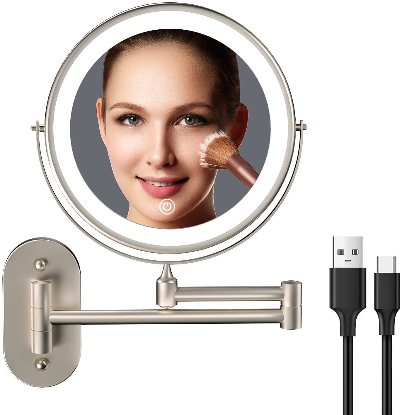 Rechargeable Wall Mounted Lighted Makeup Vanity Mirror 8 Inch Double Sided 1X 10X Magnifying Bathroom Mirror, 3 Color Lighting, Touch Screen Dimming, Extended Arm 360 Rotation Shaving Light up Mirror Brush Nickel