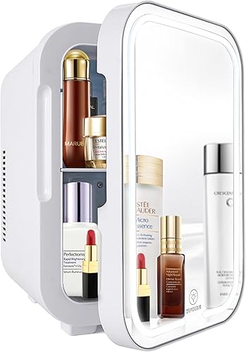 Mini refrigerador con puerta de espejo y luces LED ajustables, refrigerador cosmético para el cuidado de la piel de 8L para dormitorio, dormitorio,