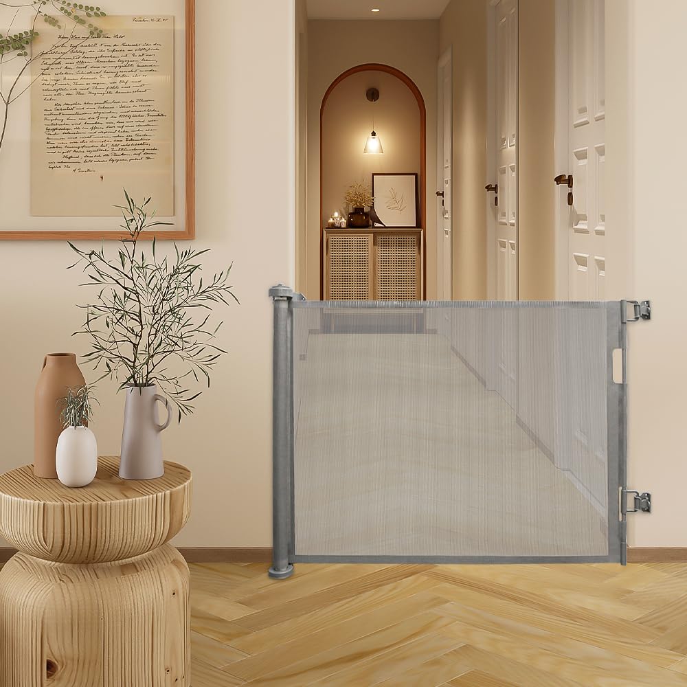 Chowana bariera bezpieczeństwa dla niemowląt, dzieci i psów, szerokość 0-150 cm, zwijana bariera zabezpieczająca na schody, korytarz, wewnątrz i na zewnątrz 86 x 150 cm-szara