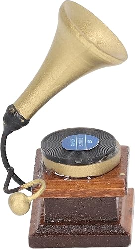Miniatura 9 de Fdit Dollhouse Miniature Vintage Phonograph Exquisite Handmade Retro Mini Gramophone for Toy Houses and Play Collection Birch Wood for Children 5.5