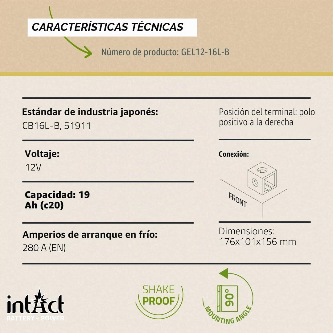 intAct Bike-Power GEL12-16L-B, CB16L-B, 51911, 12V 19 Ah, 280 A (EN), Batería de GEL de alta calidad para motocicletas con un 30% más de potencia de arranque, Batería de GEL sin mantenimiento